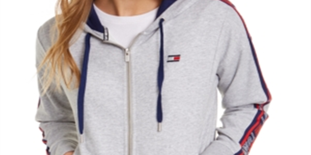 Tommy Hilfiger Moletom com capuz feminino com logotipo esportivo e zíper, tamanho X-G, prateado