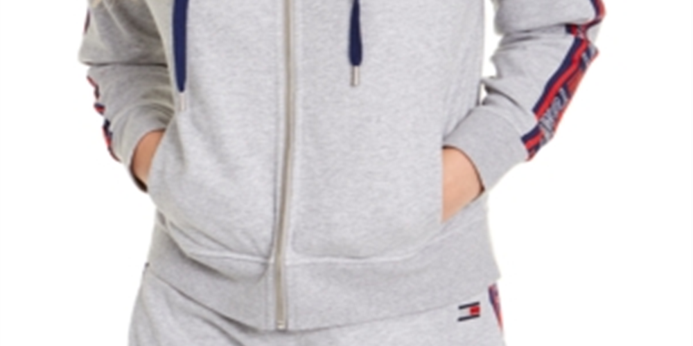 Tommy Hilfiger Moletom com capuz feminino com logotipo esportivo e zíper, tamanho X-G, prateado