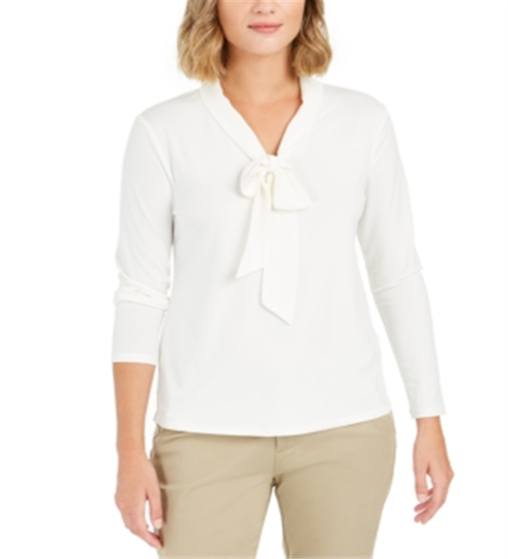 Charter Club Blusa feminina de crepe com gola amarrada, branca, tamanho pequeno