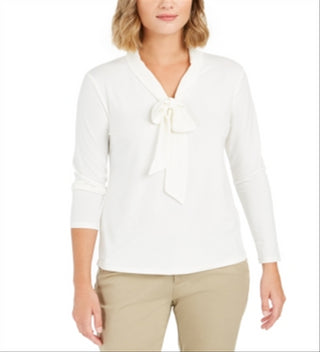 Charter Club Blusa feminina de crepe com gola amarrada, branca, tamanho pequeno