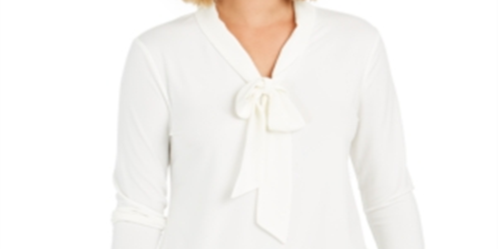 Charter Club Blusa feminina de crepe com gola amarrada, branca, tamanho pequeno