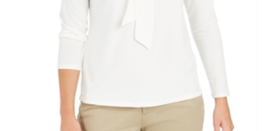 Charter Club Blusa feminina de crepe com gola amarrada, branca, tamanho pequeno