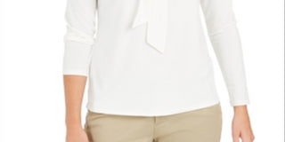 Charter Club Blusa feminina de crepe com gola amarrada, branca, tamanho pequeno