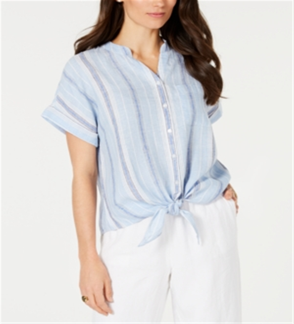 Charter Club Blusa feminina listrada de linho com amarração azul claro, tamanho GG