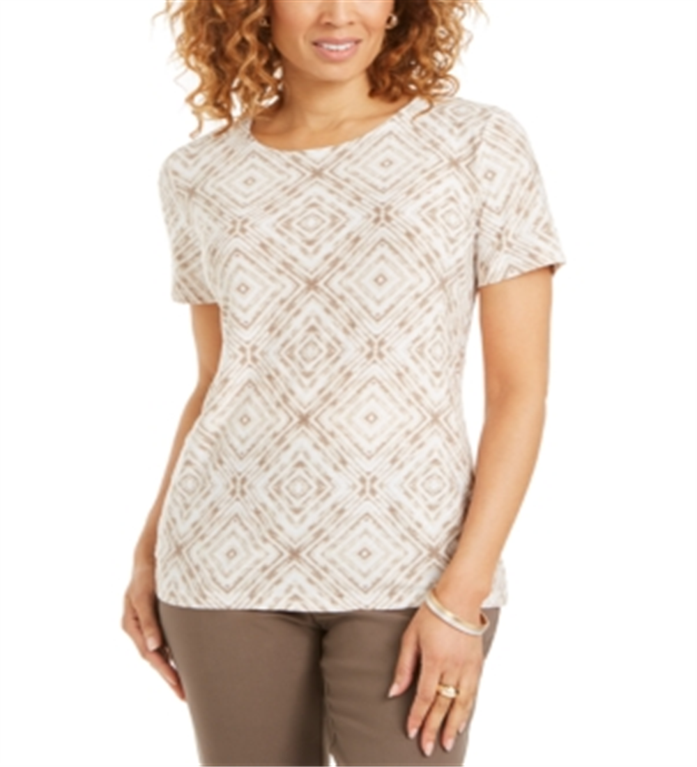 Camiseta feminina estampada em jacquard, bege, tamanho pequeno, coleção JM