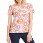 Camiseta feminina estampada em jacquard, coleção JM, combinação de dália rosa, tamanho P