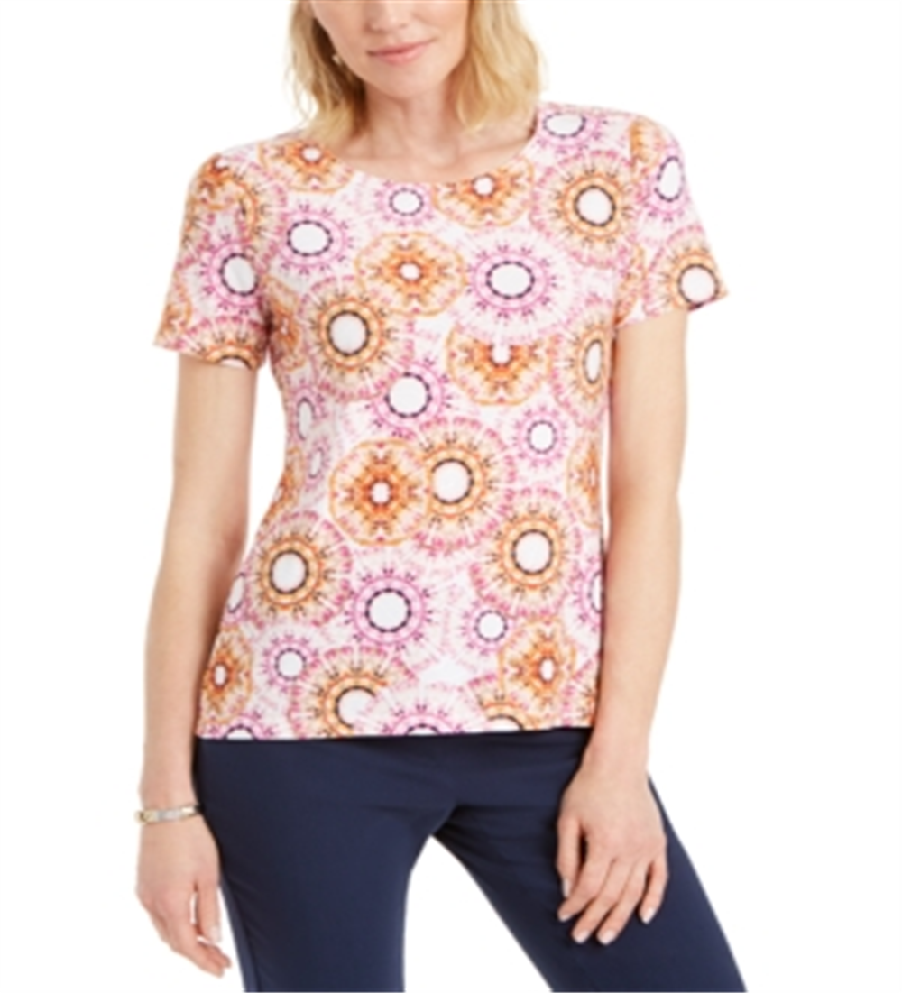 Camiseta feminina estampada em jacquard, coleção JM, combinação de dália rosa, tamanho P