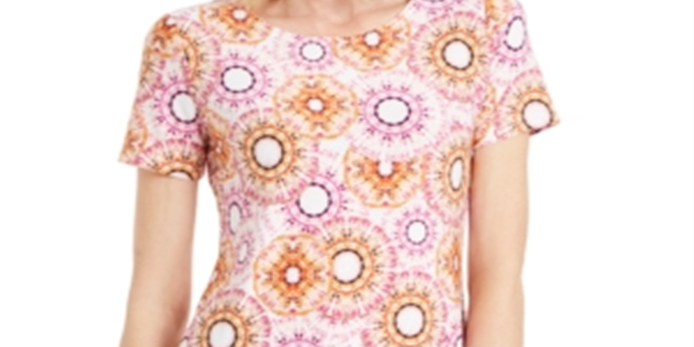 Camiseta feminina estampada em jacquard, coleção JM, combinação de dália rosa, tamanho P