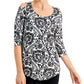 JM Collection Top feminino com estampa de mangas e ombros descobertos, preto, tamanho XX-G