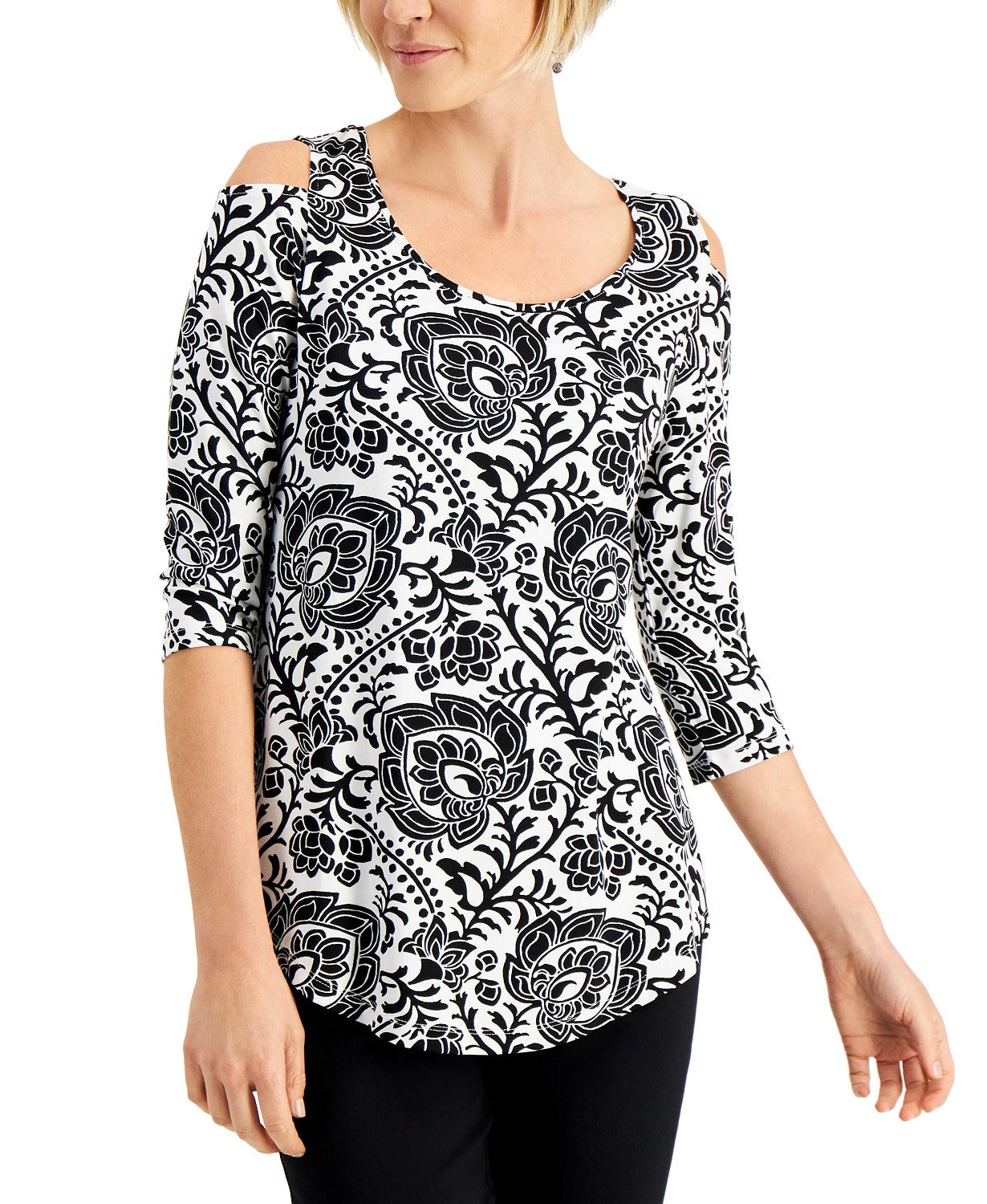 JM Collection Top feminino com estampa de mangas e ombros descobertos, preto, tamanho XX-G