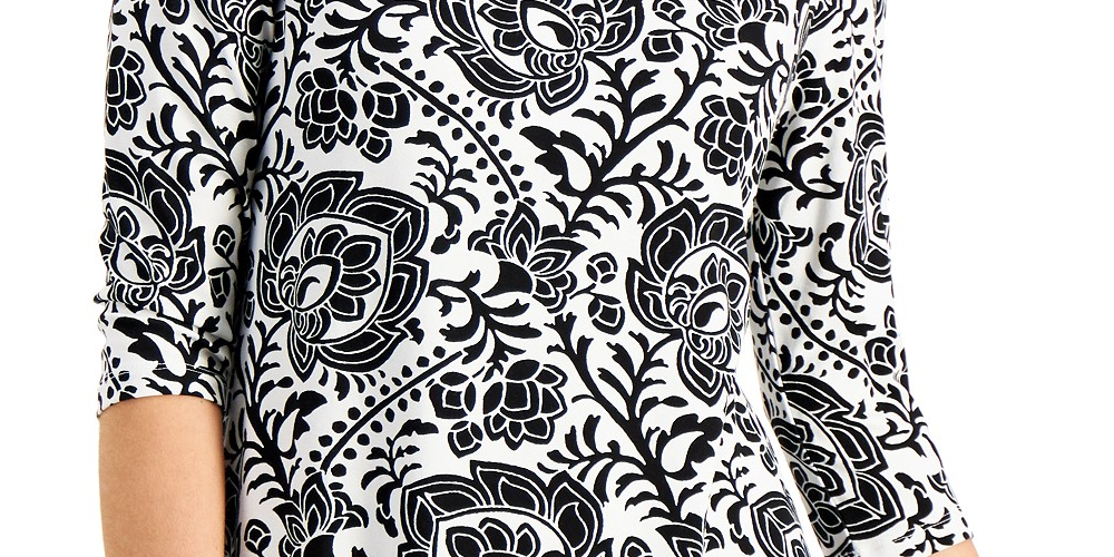JM Collection Top feminino com estampa de mangas e ombros descobertos, preto, tamanho XX-G