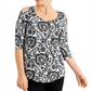 JM Collection Top feminino com estampa de mangas e ombros descobertos, preto, tamanho XX-G