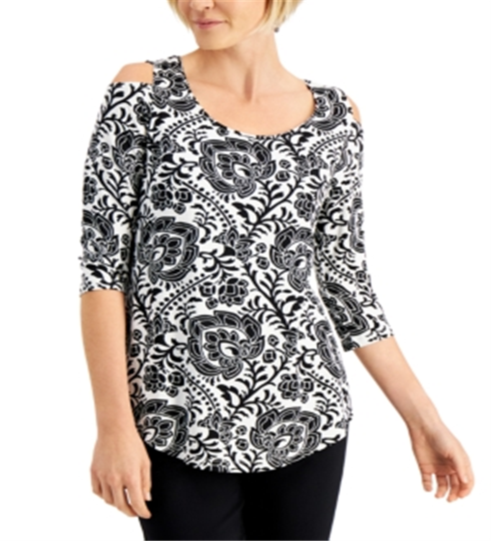 JM Collection Top feminino com estampa de mangas e ombros descobertos, preto, tamanho XX-G