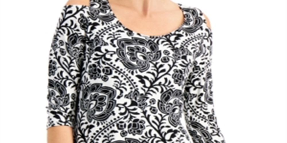 JM Collection Top feminino com estampa de mangas e ombros descobertos, preto, tamanho XX-G