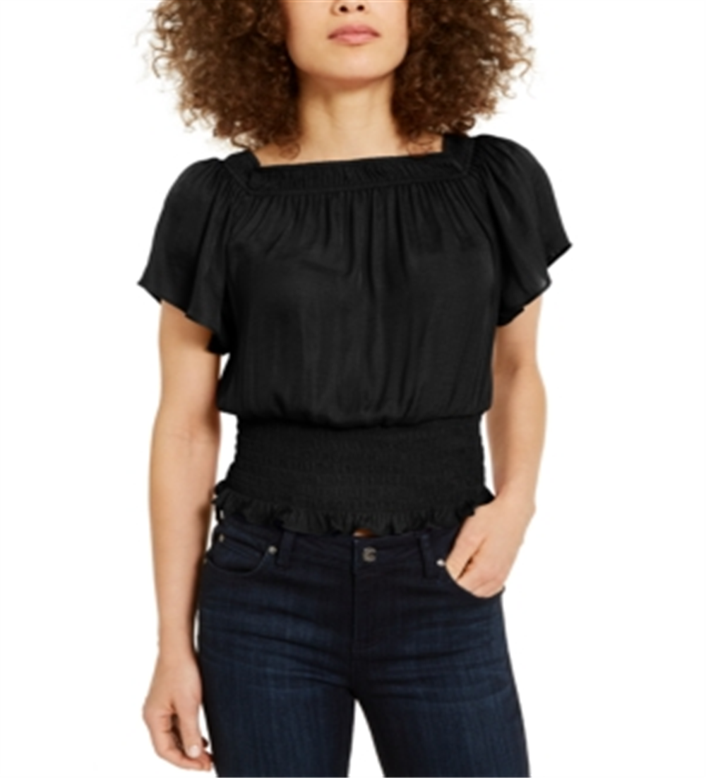 INC International Concepts Top Feminino Petite Smocked Preto Profundo Tamanho PXS