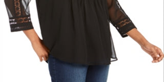 Charter Club feminino pequeno com manga transparente, franzido a preto profundo, tamanho PL