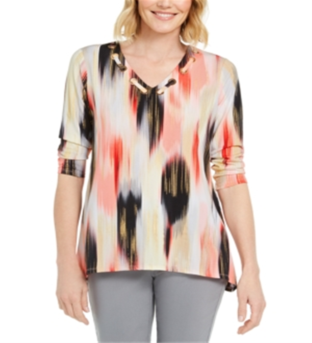 Top estampado com ilhós e decote redondo feminino JM Collection, tamanho grande, vermelho