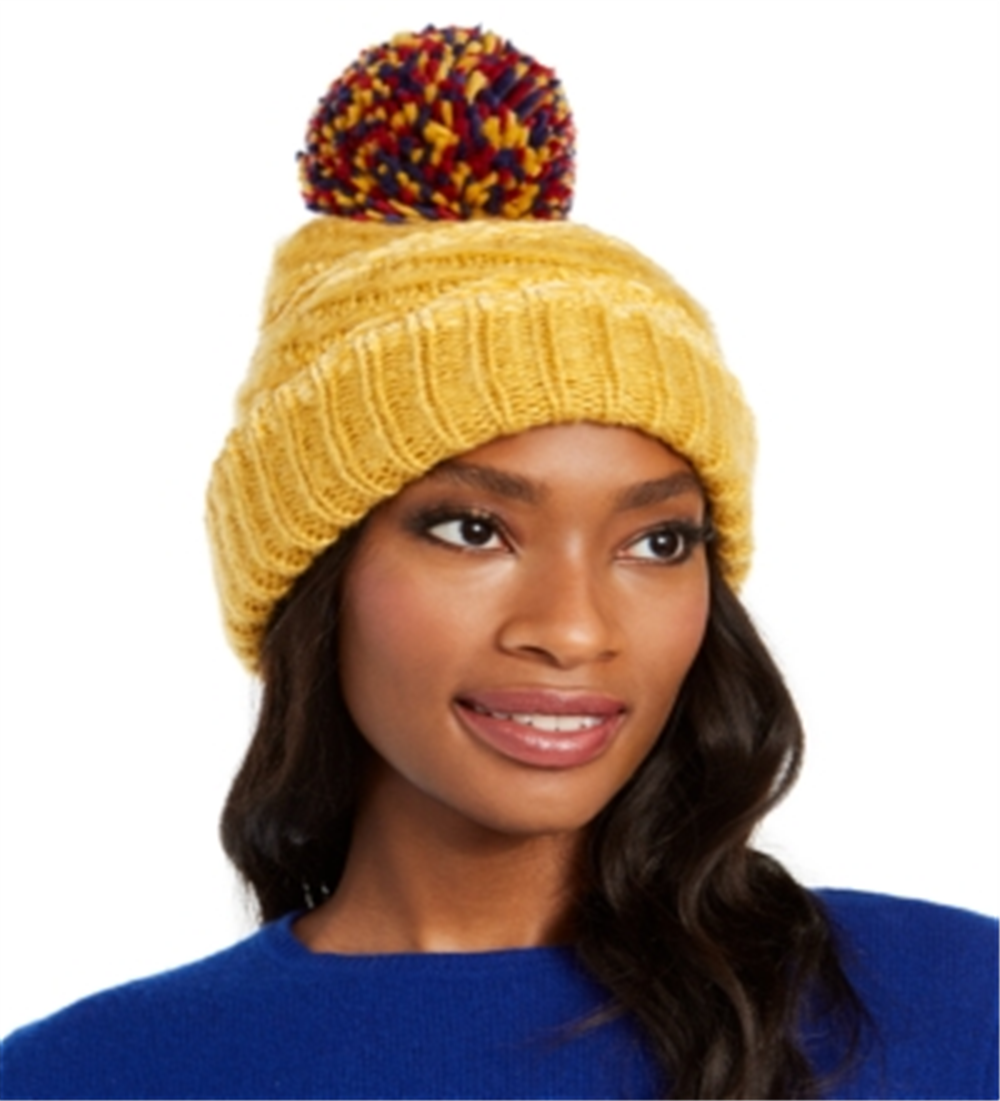 Gorro listrado de chenille feminino INC com vários pompons, amarelo, tamanho grande