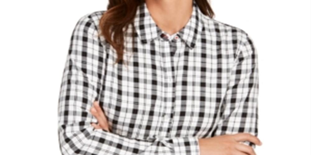 Camisa xadrez de algodão feminina Charter Club, branca, tamanho grande