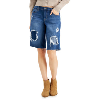 Bermuda jeans feminina patchwork INC International Concepts, tamanho 8, tamanho médio, índigo