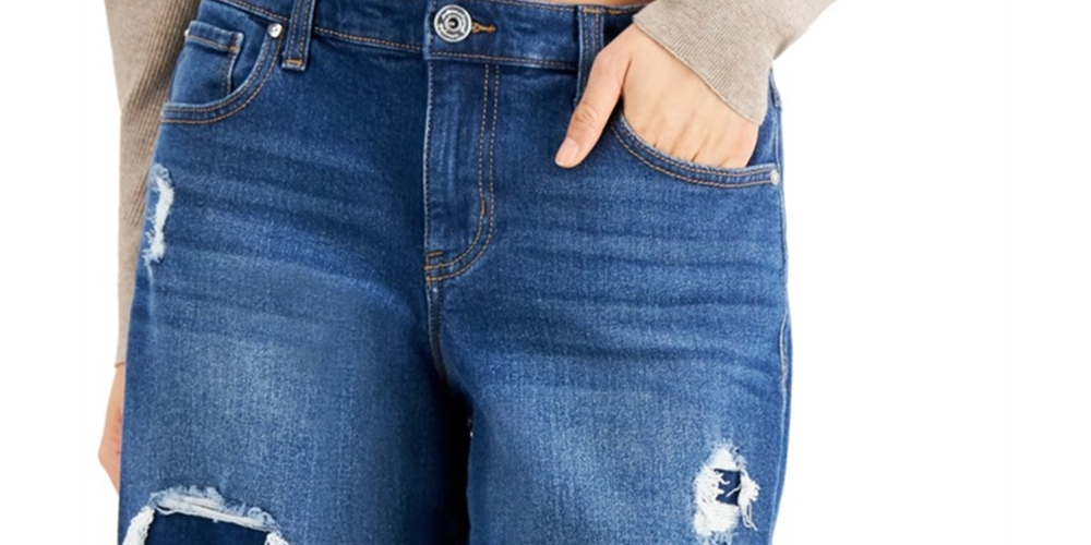 Bermuda jeans feminina patchwork INC International Concepts, tamanho 8, tamanho médio, índigo