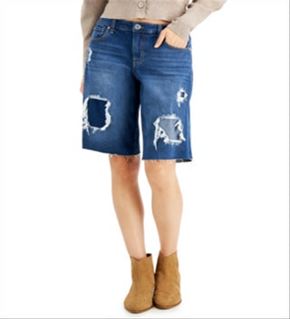 Bermuda jeans feminina patchwork INC International Concepts, tamanho 8, tamanho médio, índigo