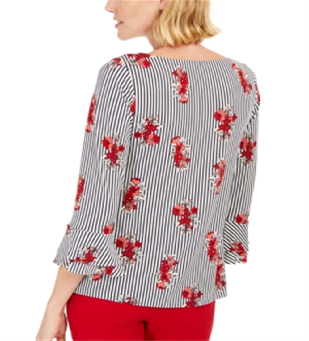 Charter Club Top feminino pequeno com listras florais e mangas com babados, branco, tamanho pequeno GG