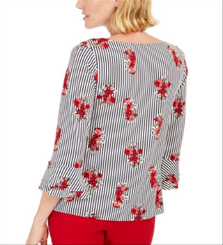 Charter Club Top feminino pequeno com listras florais e mangas com babados, branco, tamanho pequeno GG