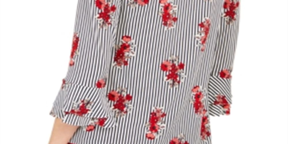 Charter Club Top feminino pequeno com listras florais e mangas com babados, branco, tamanho pequeno GG