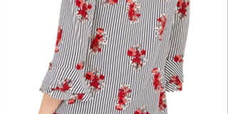 Charter Club Top feminino pequeno com listras florais e mangas com babados, branco, tamanho pequeno GG