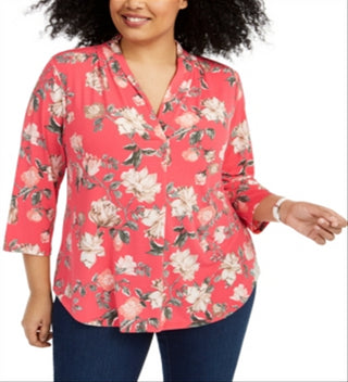 Blusa feminina Charter Club com estampa loral e gola plissada, rosa, tamanho 3X