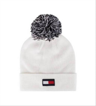 Gorro Tommy Hilfige feminino com bandeira e remendo de pompom em dois tons, branco, tamanho único