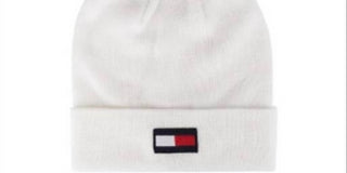 Gorro Tommy Hilfige feminino com bandeira e remendo de pompom em dois tons, branco, tamanho único