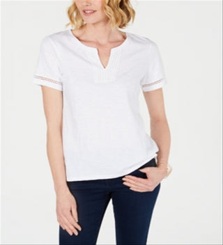 Camiseta feminina Charter Club de algodão com gola dividida, branca brilhante, tamanho XXL