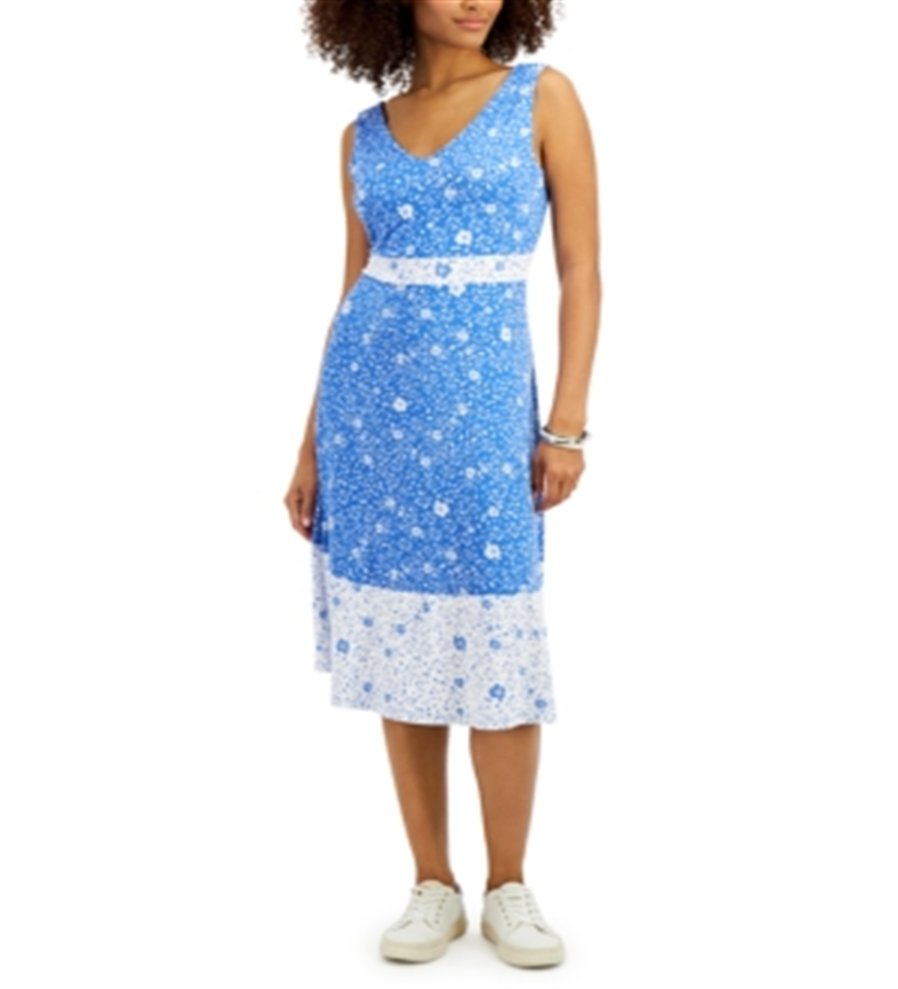 Vestido floral feminino Charter Club sem mangas azul tamanho grande