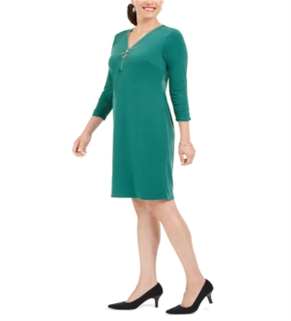 Vestido feminino com decote em V e zíper, cor verde-sequoia, tamanho XS, da coleção JM