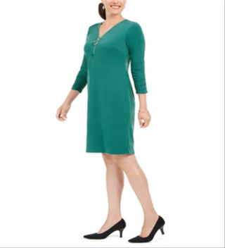 Vestido feminino com decote em V e zíper, cor verde-sequoia, tamanho XS, da coleção JM