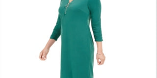 Vestido feminino com decote em V e zíper, cor verde-sequoia, tamanho XS, da coleção JM