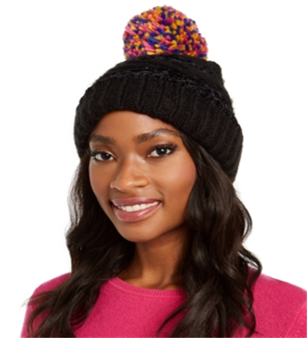 Gorro listrado com vários pompons de chenille feminino da INC International Concepts, preto, tamanho único