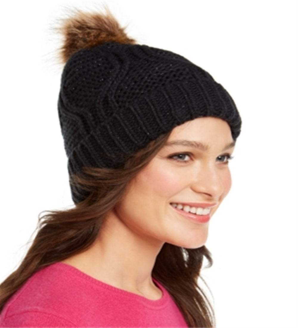 Gorro Cable Shine com pompom de pele sintética da INC International Concepts, preto, regular
