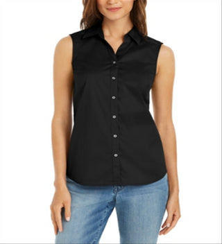 Blusa feminina Charter Club com botões frontais, preta, tamanho 14