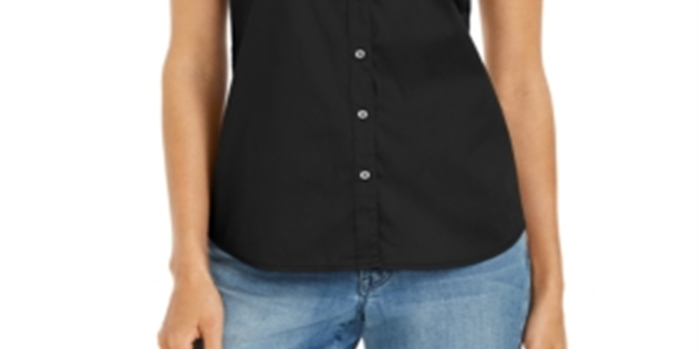 Blusa feminina Charter Club com botões frontais, preta, tamanho 14