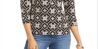 Camisa polo feminina Charter Club com estampa de manga 3/4, preta, tamanho grande