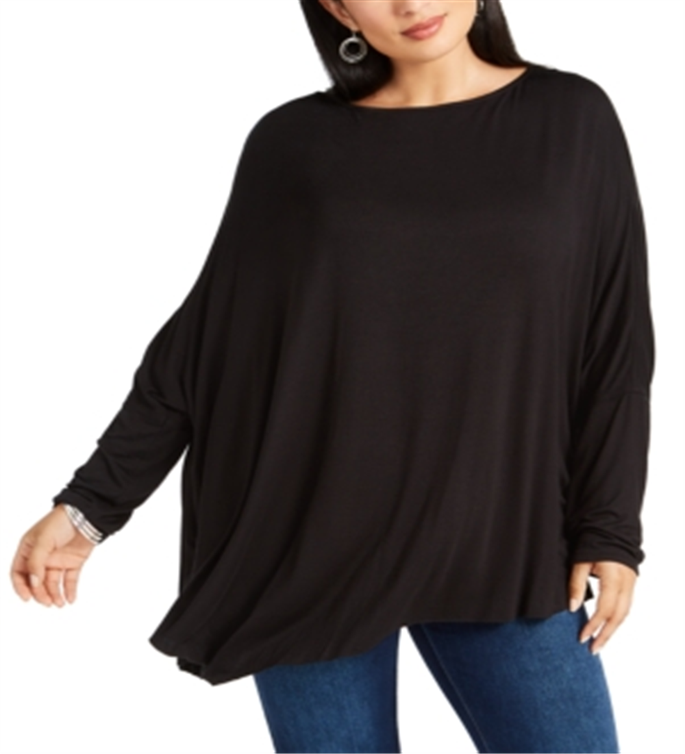 Blusa assimétrica plus size com decote canoa e manga comprida Ny Collection, preta, tamanho 2X
