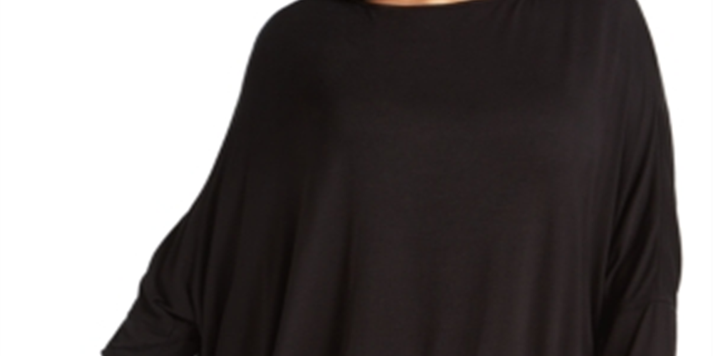 Blusa assimétrica plus size com decote canoa e manga comprida Ny Collection, preta, tamanho 2X