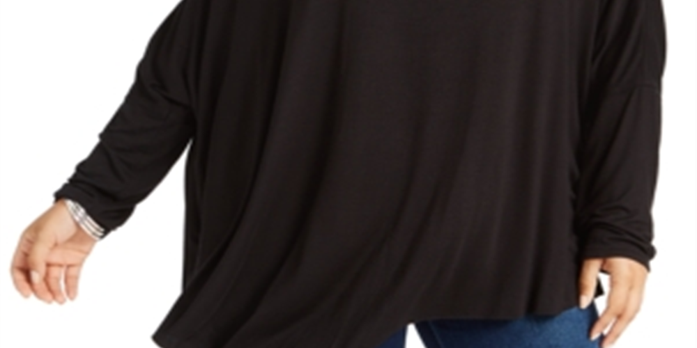 Blusa assimétrica plus size com decote canoa e manga comprida Ny Collection, preta, tamanho 2X