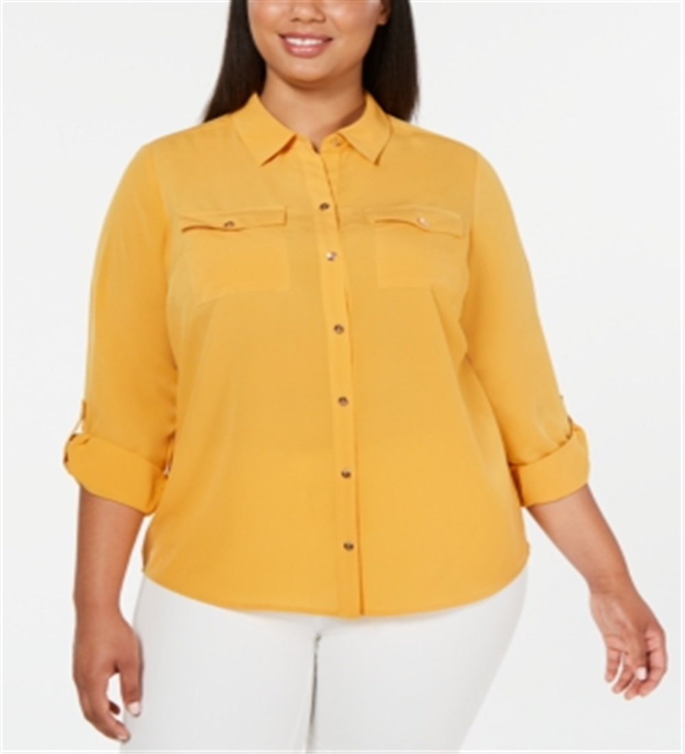 Camisa feminina plus size com botões frontais Charter Club, amarela, tamanho 0X