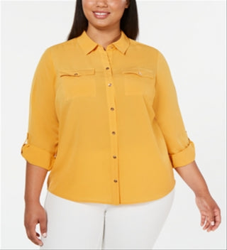 Camisa feminina plus size com botões frontais Charter Club, amarela, tamanho 0X