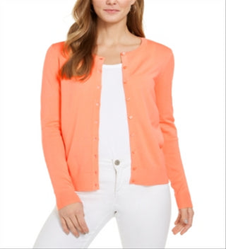 Cardigan feminino de manga comprida com botões frontais, rosa, tamanho GG, Charter Club