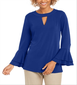 Blusa feminina Charter Club com manga sino e decote em V - Azul moderno, tamanho grande